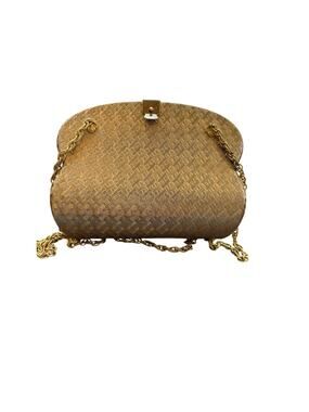 Gold Tone Woven metal hard shell Clutch with chain